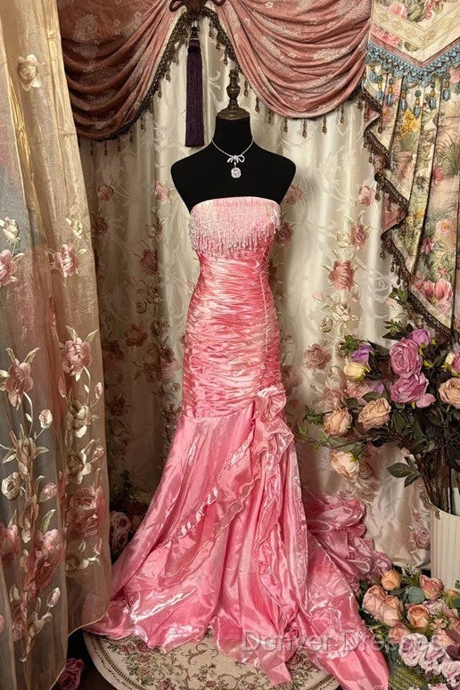 Sexy Mermaid Strapless Pink Satin Long Evening Dress Party Dress Prom Dress Secondary image