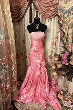 Sexy Mermaid Strapless Pink Satin Long Evening Dress Party Dress Prom Dress