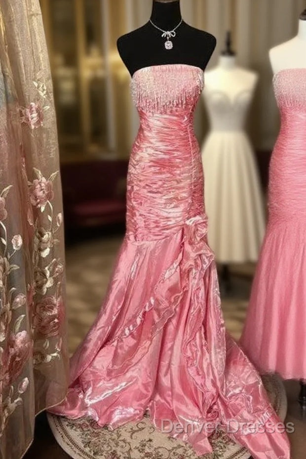Sexy Mermaid Strapless Pink Satin Long Evening Dress Party Dress Prom Dress