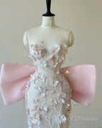 Sexy Mermaid Strapless Pink Sequin Long Floral Prom Dress Party Dress