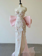 Sexy Mermaid Strapless Pink Sequin Long Floral Prom Dress Party Dress