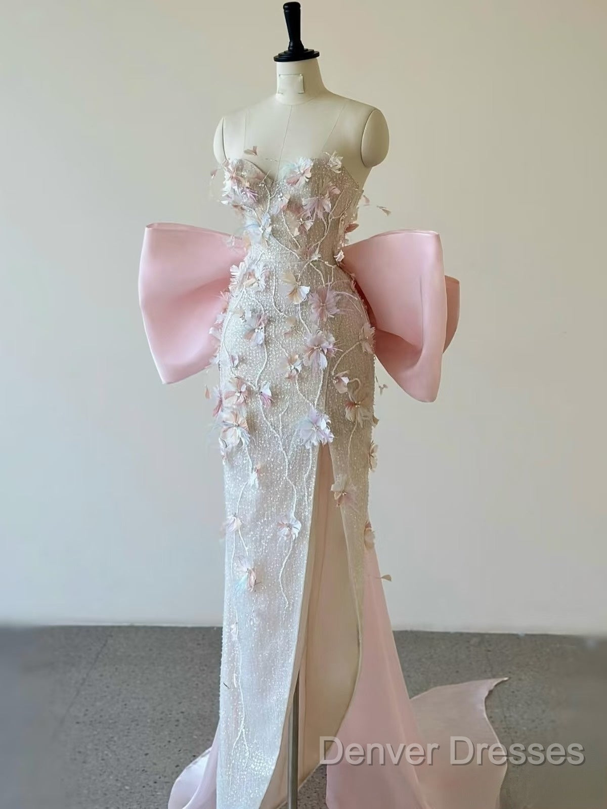 Sexy Mermaid Strapless Pink Sequin Long Floral Prom Dress Party Dress