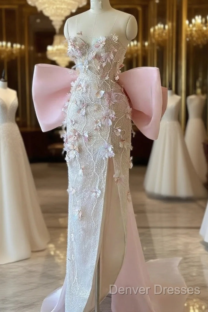 Sexy Mermaid Strapless Pink Sequin Long Floral Prom Dress Party Dress