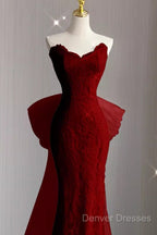 Sexy Mermaid Strapless Red Lace Long Prom Dress