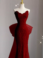 Sexy Mermaid Strapless Red Lace Long Prom Dress