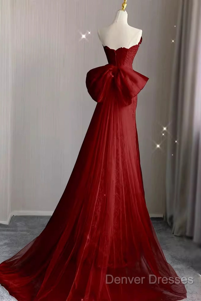 Sexy Mermaid Strapless Red Lace Long Prom Dress