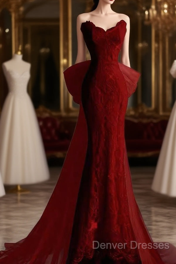 Sexy Mermaid Strapless Red Lace Long Prom Dress