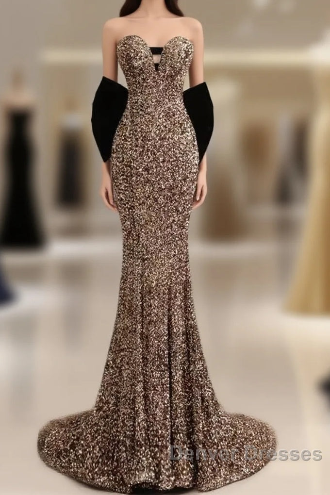Sexy Mermaid Strapless Sequin Gold Floor Length Prom Dress Main image