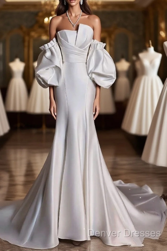 Sexy Mermaid Strapless Short Sleeves White Satin Wedding Dress Brides Dress Main image