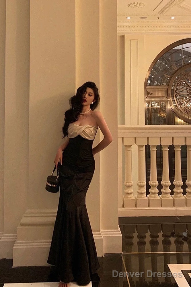 Sexy Mermaid Strapless Sleeveless Black Ankle Length Ruffle Prom Dresses Birthday Outfits