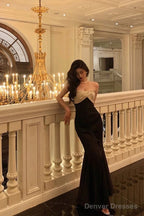 Sexy Mermaid Strapless Sleeveless Black Ankle Length Ruffle Prom Dresses Birthday Outfits