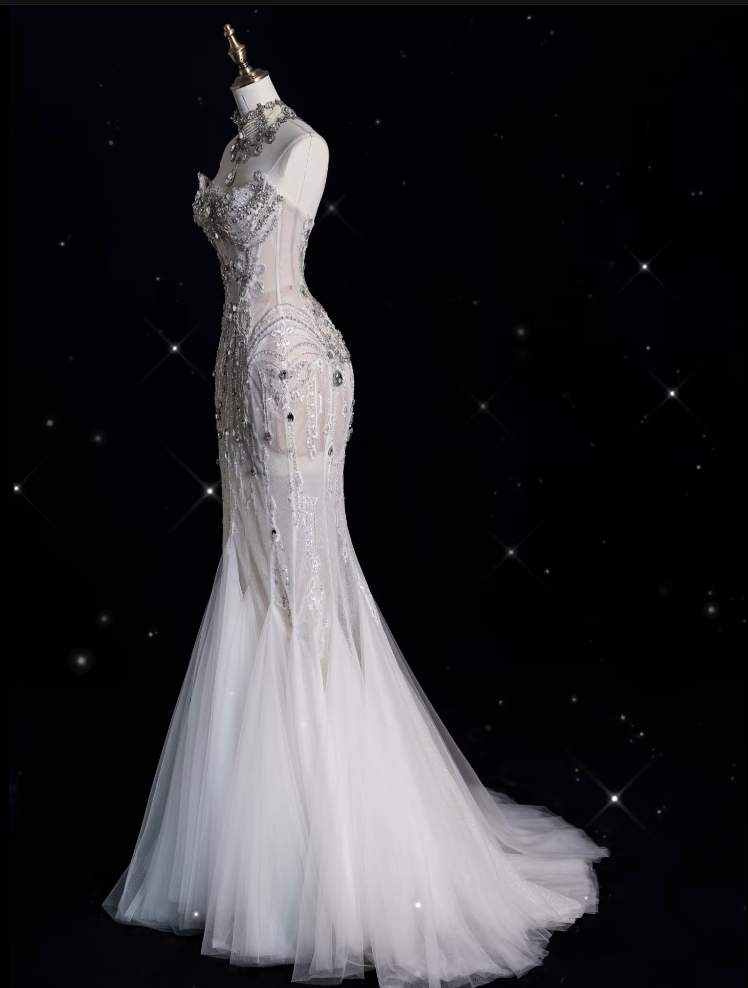 Sexy Mermaid Strapless Tulle With Silver Beads Long Wedding Dress Brides Dress