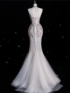 Sexy Mermaid Strapless Tulle With Silver Beads Long Wedding Dress Brides Dress