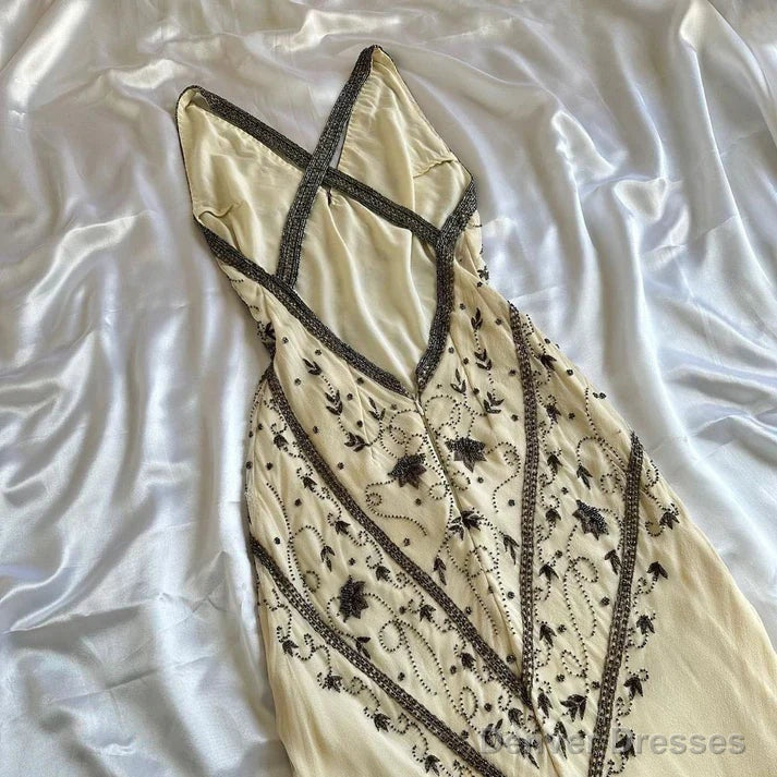 Sexy Mermaid Straps Chiffon Beaded Long Prom Dress Backless Formal Evening Dress Party Dress