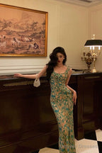 Sexy Mermaid Straps Floral Green Chiffon Prom Dresses Birthday Outfits Evening Gown