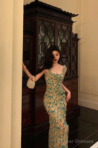 Sexy Mermaid Straps Floral Green Chiffon Prom Dresses Birthday Outfits Evening Gown