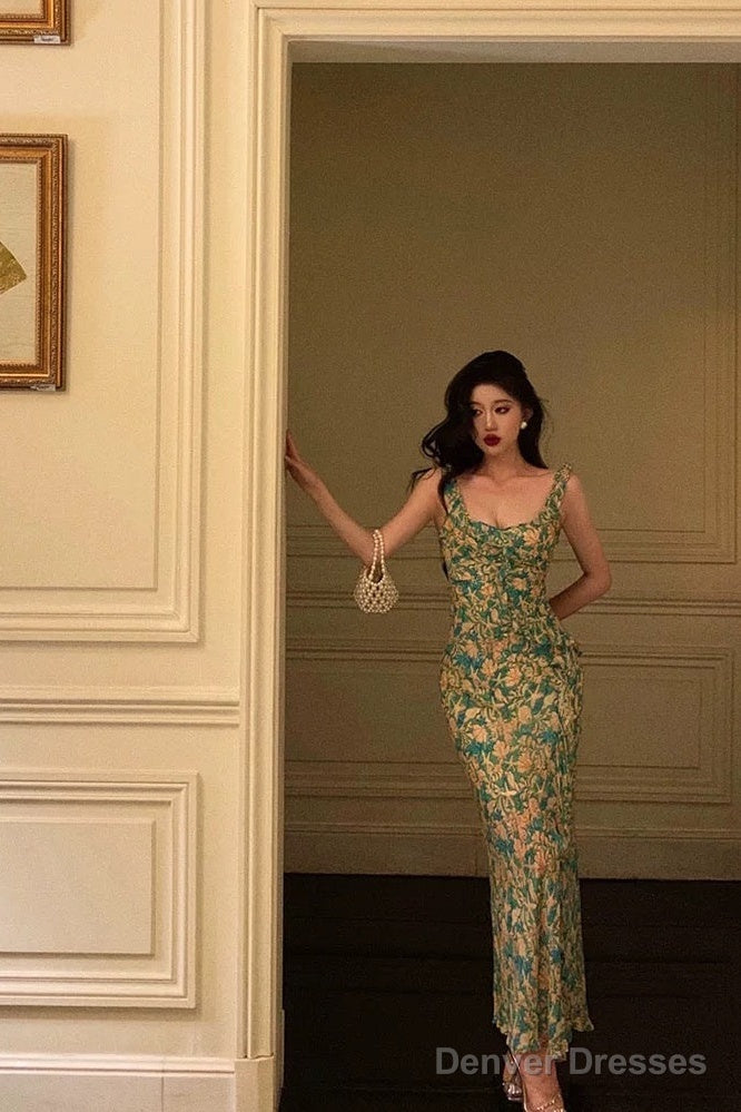 Sexy Mermaid Straps Floral Green Chiffon Prom Dresses Birthday Outfits Evening Gown Main image