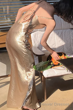 Sexy Mermaid Straps Gold Satin Prom Dress 21th Birthday Outfits