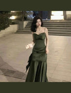 Sexy Mermaid Straps Green Party Dress Satin Long Prom Dress