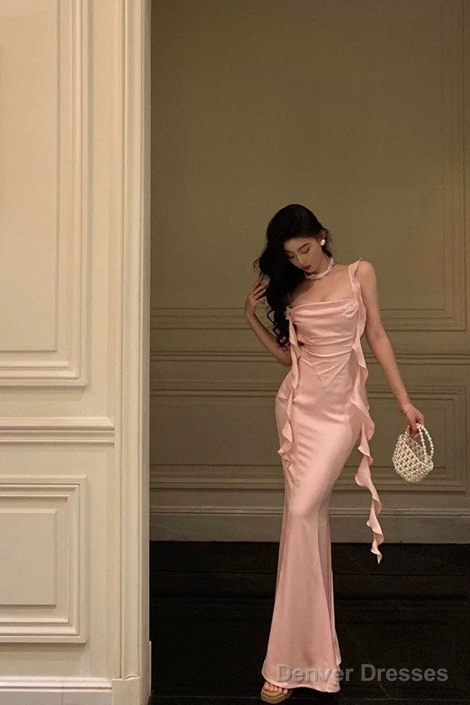 Sexy Mermaid Straps Neckline Backless Silk Satin Pink Slit Prom Dresses Birthday Outfits