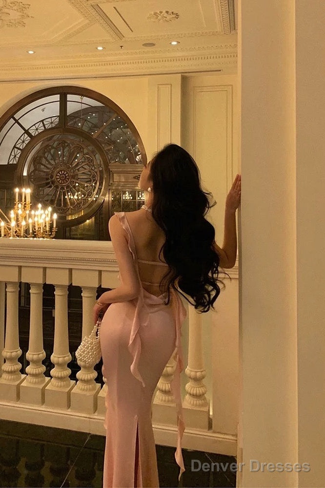Sexy Mermaid Straps Neckline Backless Silk Satin Pink Slit Prom Dresses Birthday Outfits