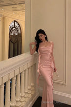 Sexy Mermaid Straps Neckline Backless Silk Satin Pink Slit Prom Dresses Birthday Outfits