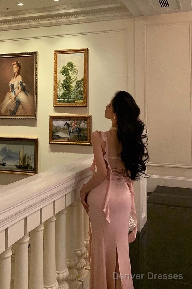 Sexy Mermaid Straps Neckline Backless Silk Satin Pink Slit Prom Dresses Birthday Outfits