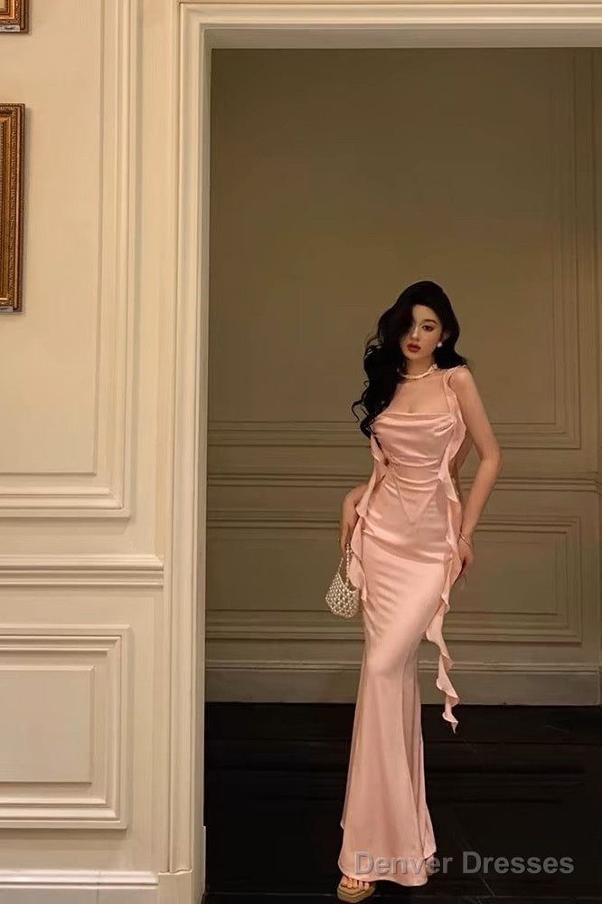 Sexy Mermaid Straps Neckline Backless Silk Satin Pink Slit Prom Dresses Birthday Outfits