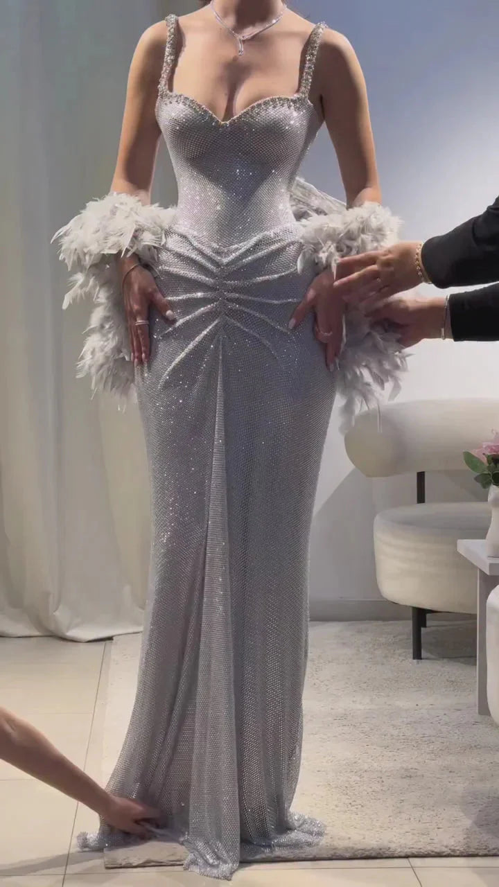 Sexy Mermaid Straps Silver Sequin Long Prom Dress Party Dress 20Th Birthday Outfits Graduation Dress