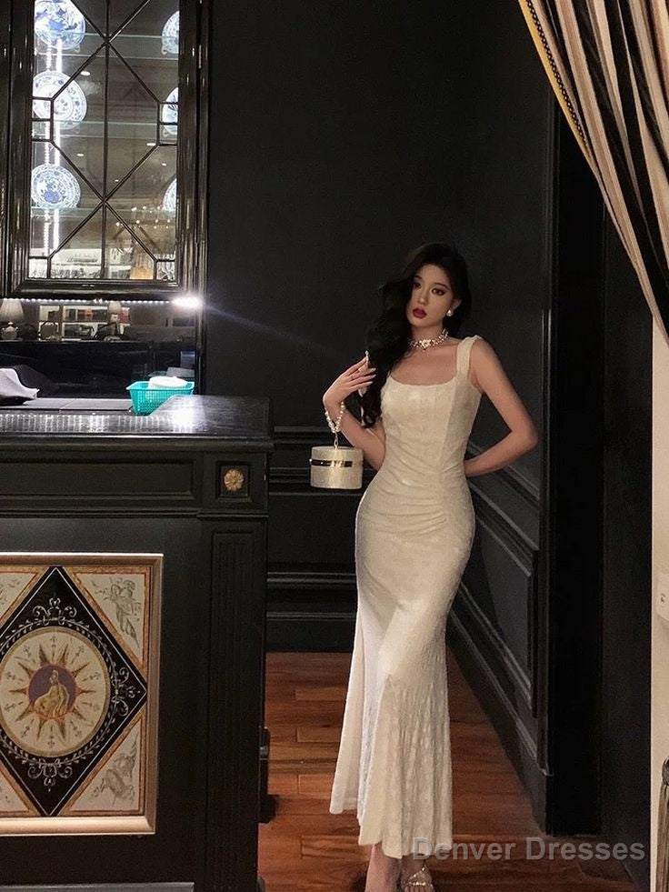 Sexy Mermaid Straps White Lace Prom Dresses Birthday Outfits