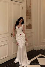 Sexy Mermaid Straps White Long Satin Prom Dresses Birthday Outfits