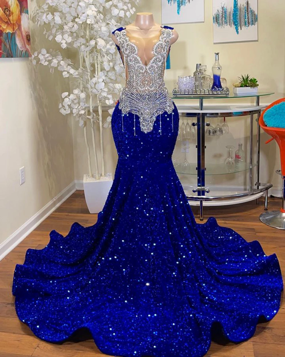 Sexy Mermaid Style Sheer Top Luxury Sparkly Silver Crystals Diamond Black Girls Royal Blue Long Prom Dress Secondary image