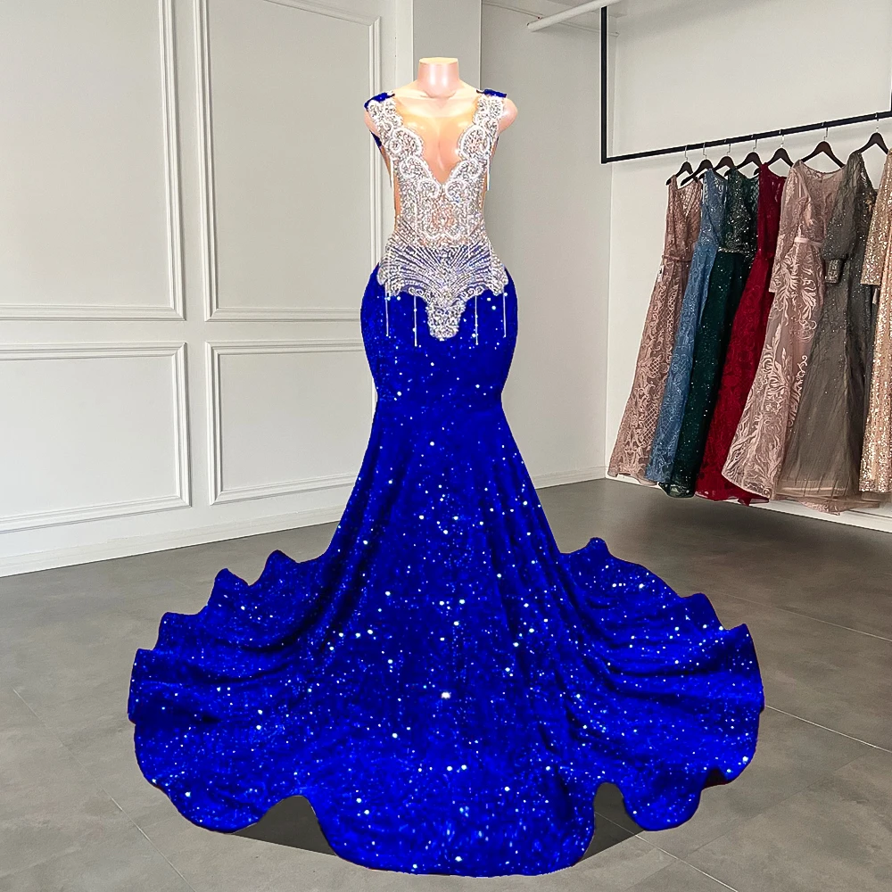 Sexy Mermaid Style Sheer Top Luxury Sparkly Silver Crystals Diamond Black Girls Royal Blue Long Prom Dress Main image