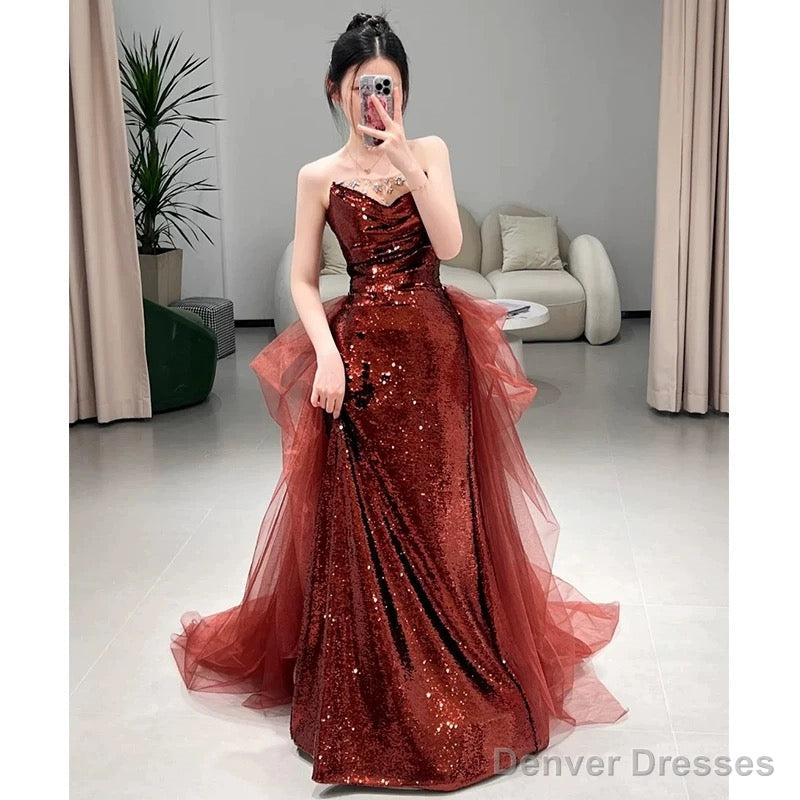 Sexy Mermaid Sweetheart Burgundy Floor Length Evening Dress Sequin Prom Dresses Main image