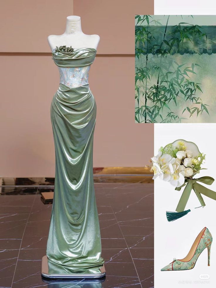 Sexy Mermaid Sweetheart Green Long Evening Dress Satin Prom Dress