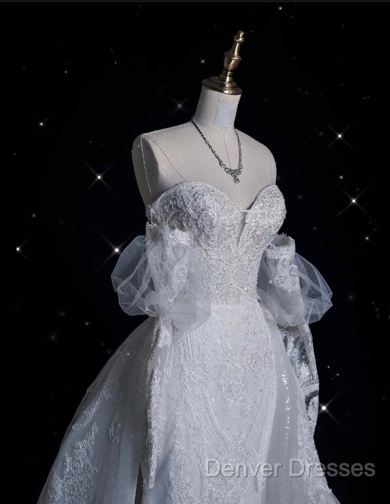 Sexy Mermaid Sweetheart Long Sleeves White Lace Wedding Dress Brides Dress