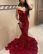 Sexy Mermaid Sweetheart Neckline Sequin Black Girl Red Evening Gown Prom Dress