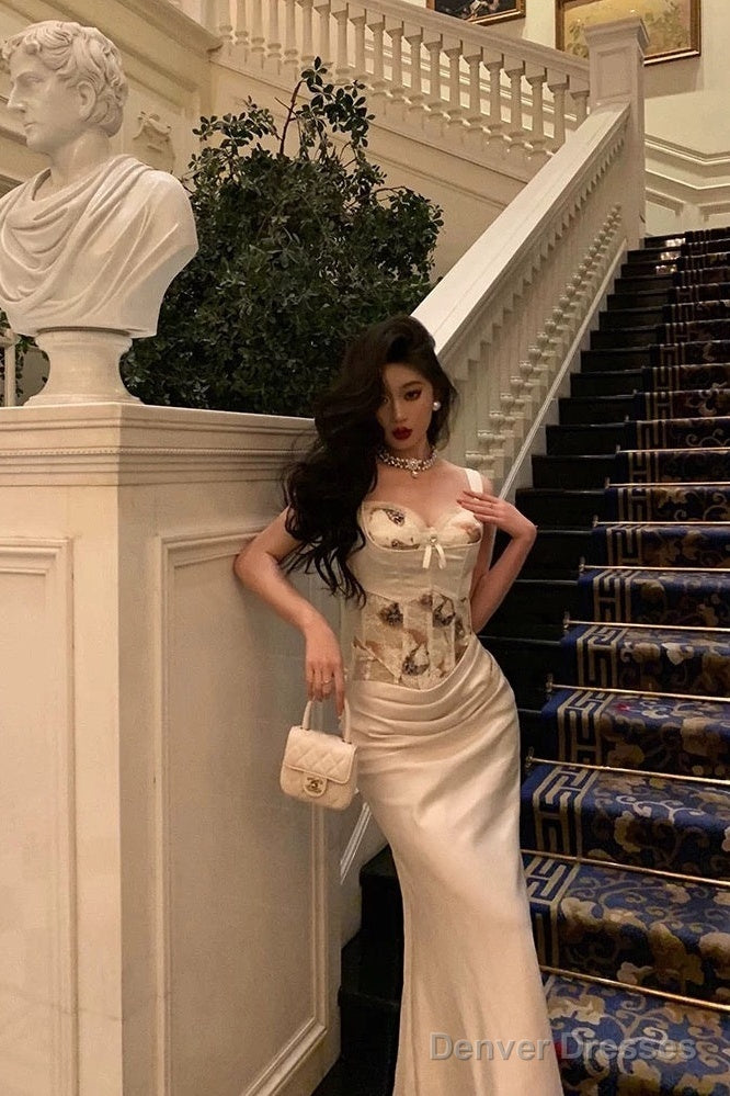 Sexy Mermaid Sweetheart Straps White Floral Long Satin Prom Dresses Birthday Outfits Secondary image