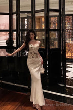 Sexy Mermaid Sweetheart Straps White Floral Long Satin Prom Dresses Birthday Outfits