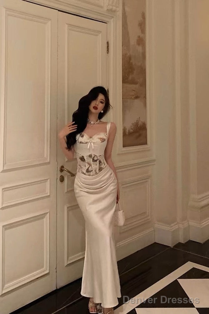 Sexy Mermaid Sweetheart Straps White Floral Long Satin Prom Dresses Birthday Outfits