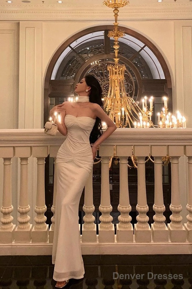 Sexy Mermaid Sweetheart White Long Prom Dresses Simple Fold Birthday Outfits