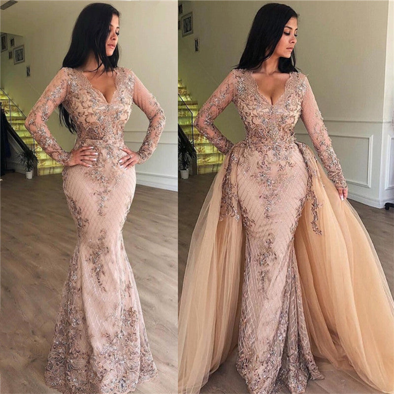 Sexy Mermaid V-Neck Long Sleeves Appliqued Prom Dress With Detachable Skirt