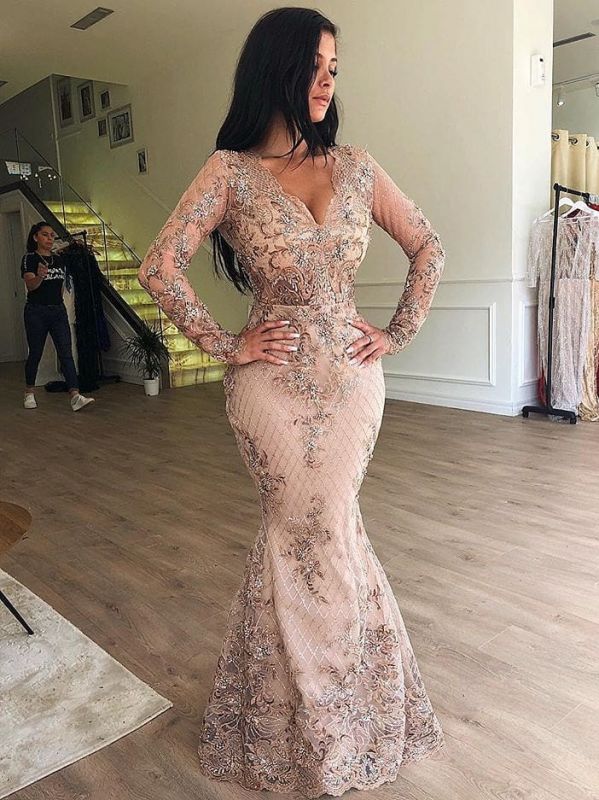 Sexy Mermaid V-Neck Long Sleeves Appliqued Prom Dress With Detachable Skirt