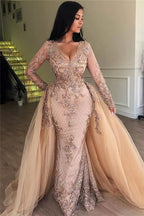 Sexy Mermaid V-Neck Long Sleeves Appliqued Prom Dress With Detachable Skirt