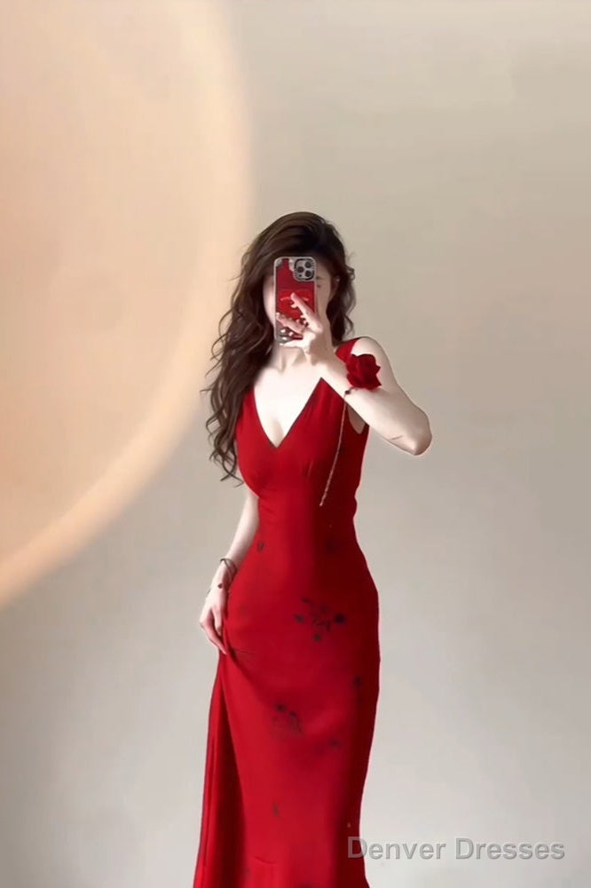 Sexy Mermaid V Neckline Christmas Dress Red Satin Prom Dresses Birthday Outfits