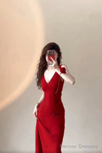 Sexy Mermaid V Neckline Christmas Dress Red Satin Prom Dresses Birthday Outfits