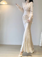 Sexy Mermaid V Neckline Long Sleeves White Prom Dresses Night Dress Birthday Outfits