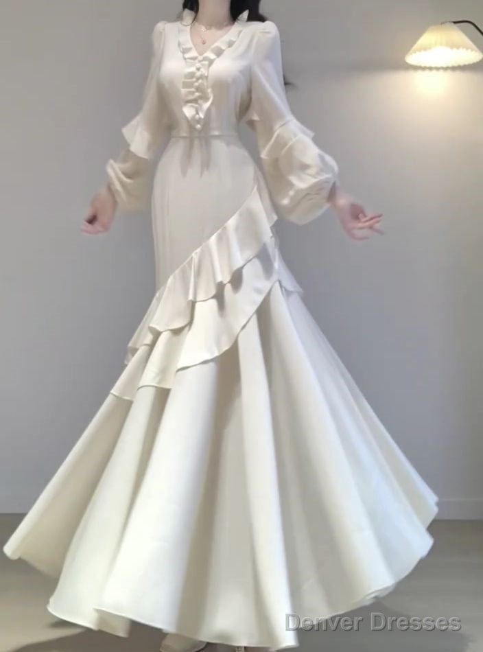 Sexy Mermaid V Neckline Long Sleeves White WomenS Beach Dress Vacation Dresses Birthday Dress Main image