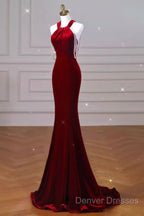 Sexy Mermaid Velvet Party Dress Red Prom Dress