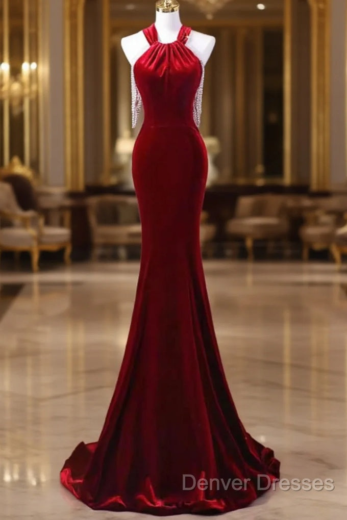 Sexy Mermaid Velvet Party Dress Red Prom Dress